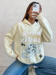 SHEIN Unity 標語&星球印花落肩袖連帽衫 - 米色 - 查看 1