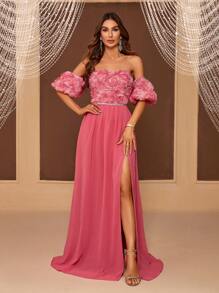 SHEIN Belle Vestido De Noche De Mujer Con Abertura Alta Y Hombros Descubiertos Con Estampado De Flores En 3d Y Diseño De Correa Trasera (resistente) - Rosa - Ver 3