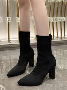 女性黑色針織長筒襪靴子,粗跟尖頭及膝美式短靴,有彈性減肥鞋適用於日常穿著和時尚 - 黑色 - 查看 5