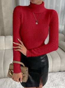 SHEIN Frenchy 女性素色高領套頭毛衣 - 紅色 - 查看 5