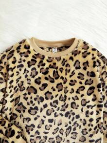 SHEIN Tween Girl Leopard Print Flannel Pullover & Leggings - Khaki - View 5