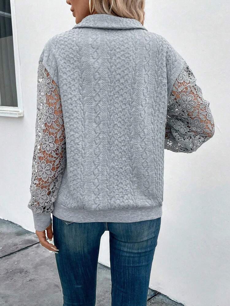 Contrast Lace Sleeve Drop Shoulder Zip Detail Pullover Fall Sweatshirt