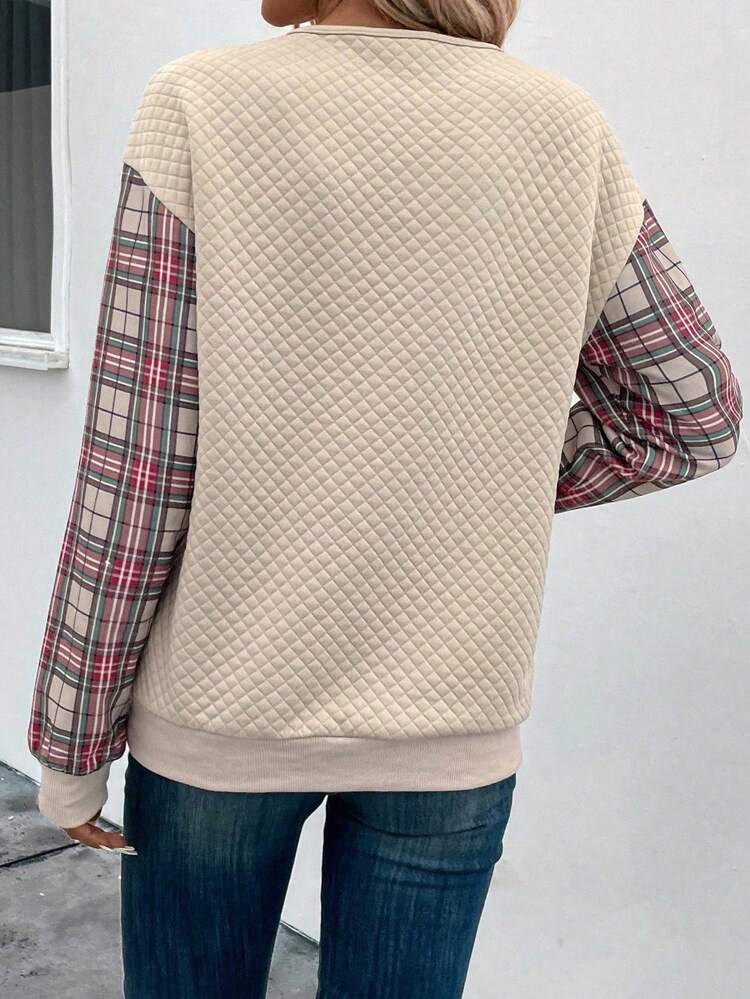 Contrast Plaid Print Half Zip Drop Shoulder Sweatshirt Pullover Fall Sweatshirt