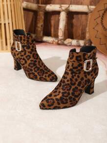 女士时尚高跟靴，新款法式性感豹纹绒面尖头粗跟短踝靴，百搭细靴 - 彩色 - 查看 2