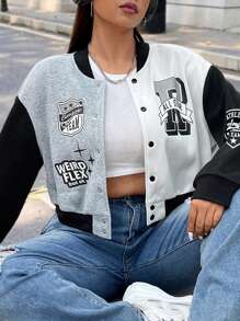 Flirla Hơn Đồ họa Chữ cái Khối màu Thả vai Áo khoác bomber - Nhiều màu - Xem 5