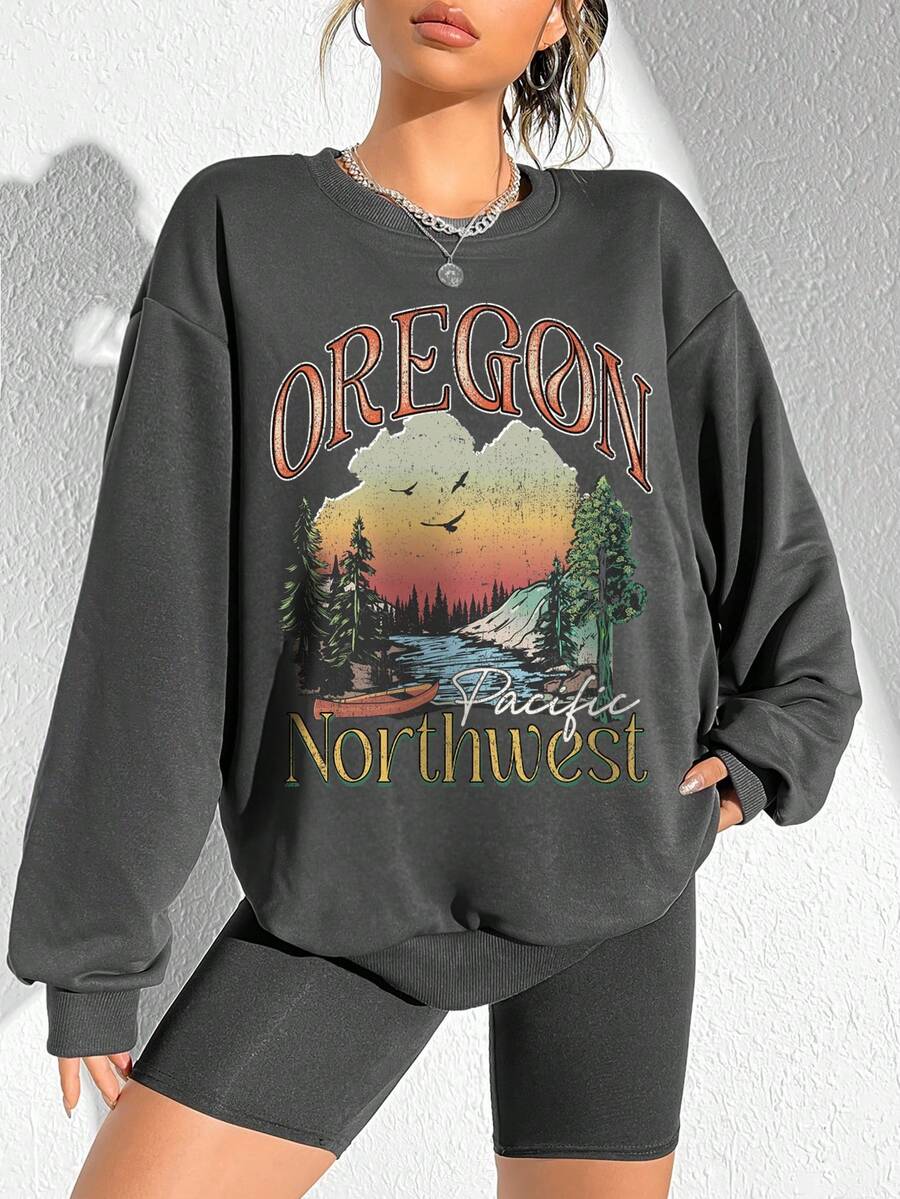 SHEIN EZwear 山和字母圖案落肩袖運動衫 - 深灰色 - 查看 1