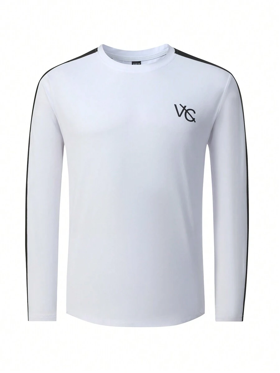 Manfinity Sport Corelite 男式字母图案撞色侧缝运动 T 恤长袖衬衫 - 彩色 - 查看 1