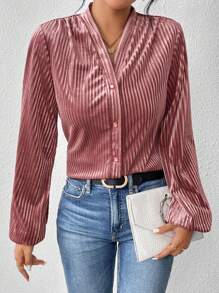SHEIN Privé Solid Button Front Lantern Sleeve Velvet Shirt - Pink - View 3