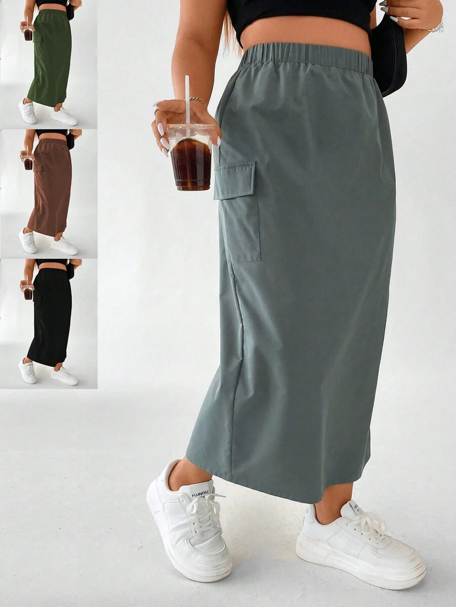 Flirla Plus Flap Pocket Side Split Hem Cargo Skirt Women Fall Skirt For Women - Grey - View 1