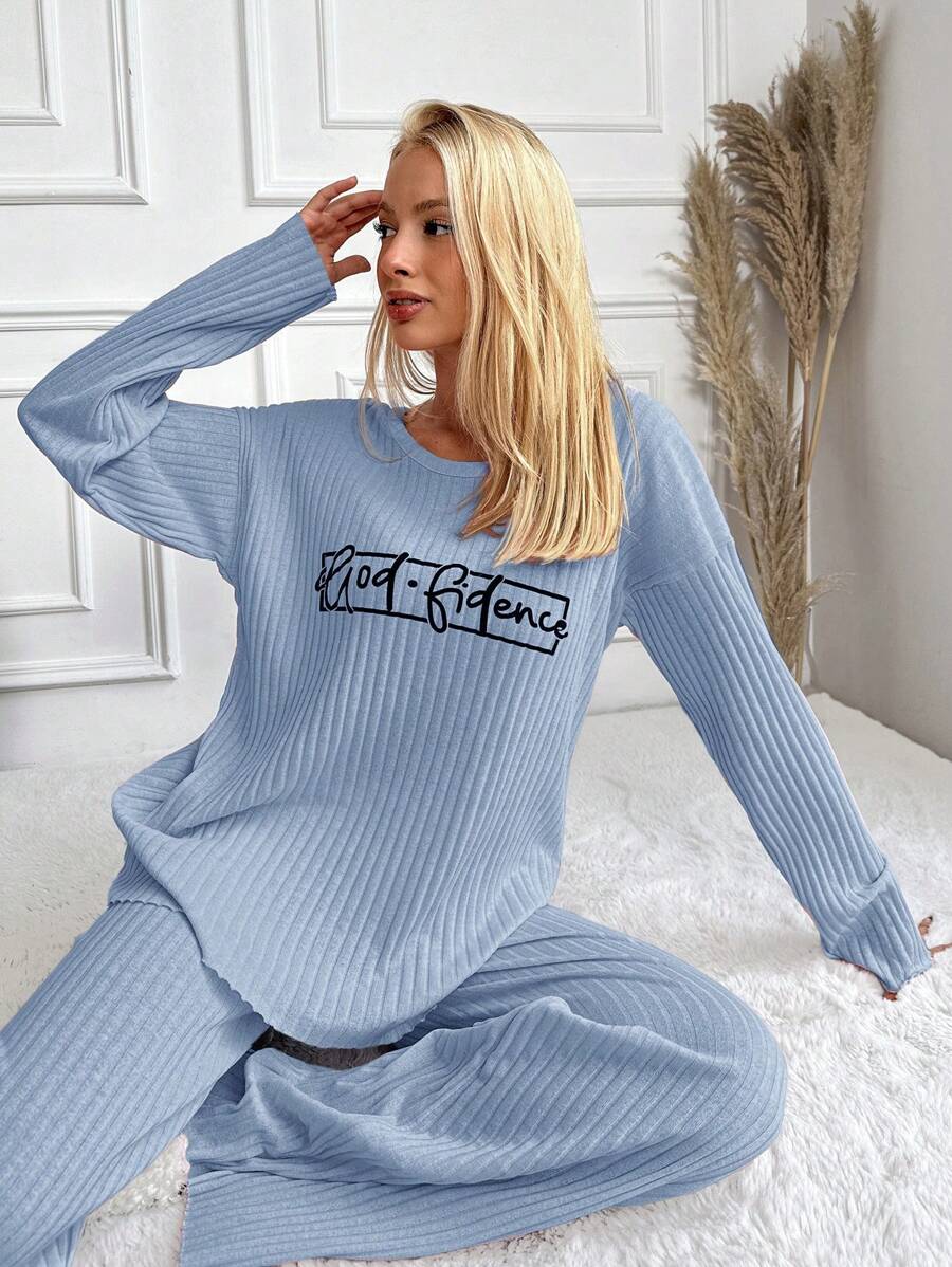 RueChic Letter Printed Ribbed Knit Lounge Wear Set - Baby Blue - View 1