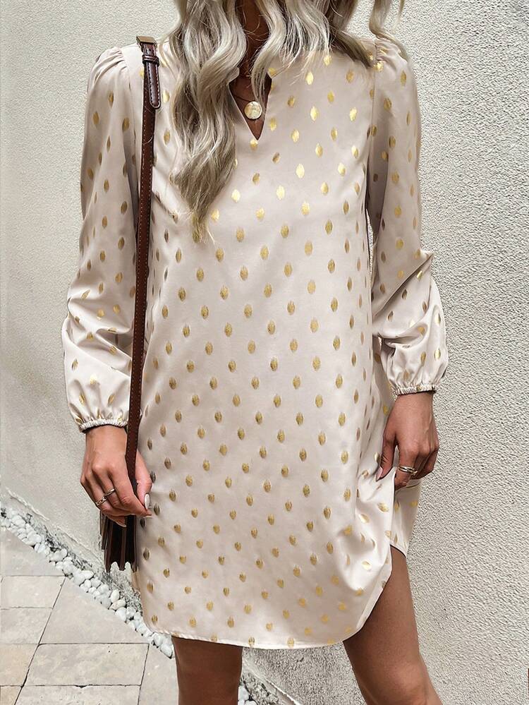 Women's Polka Dot Puff Sleeve Dress With Foil Print
