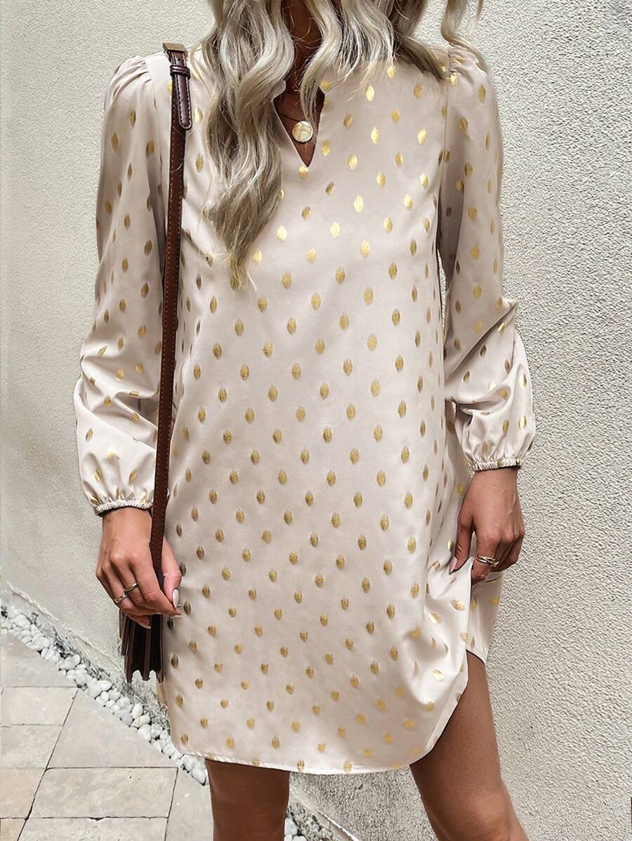 SHEIN LUNE Của phụ nữ Chấm bi Ống tay áo Đầm Với In Nhôm - Màu be - Xem 1
