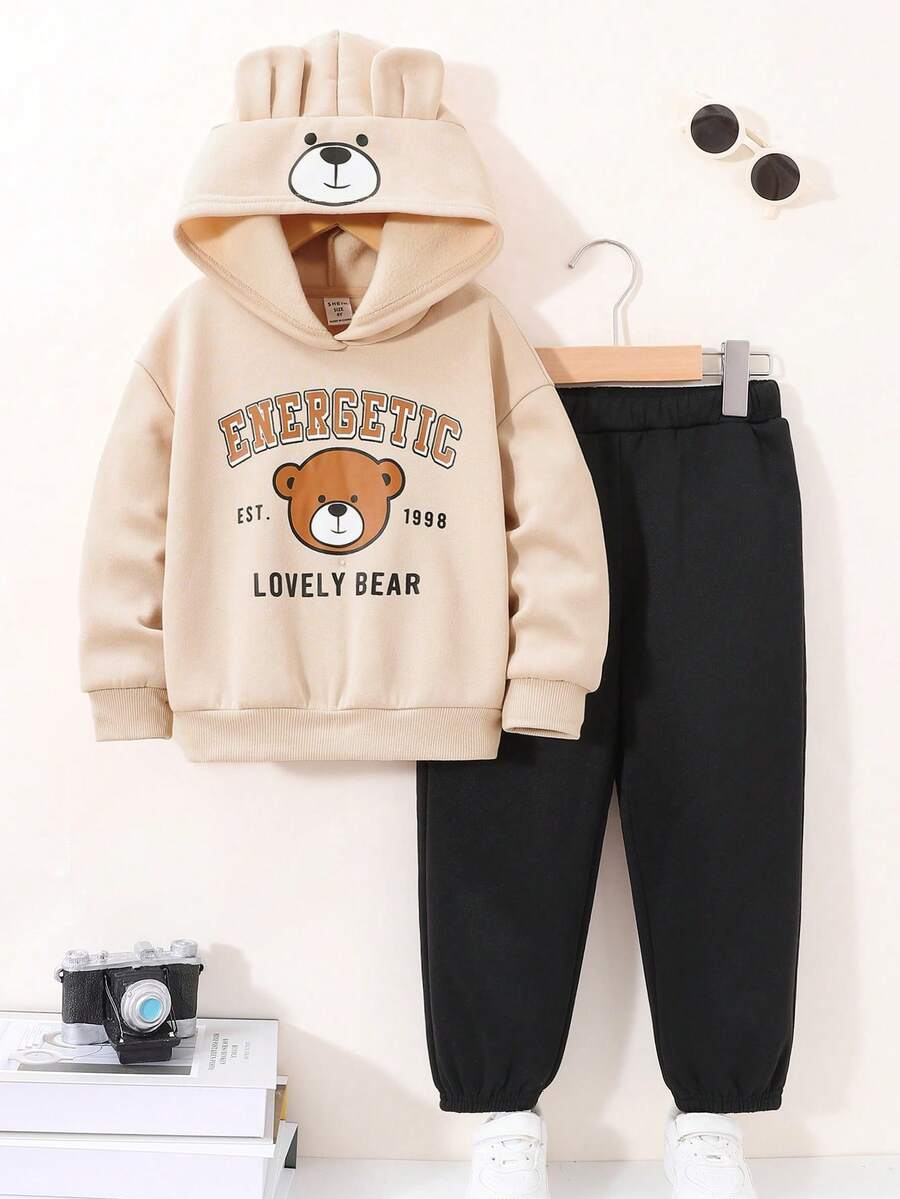 Cô Gái Trẻ Đồ họa Chữ Và Gấu Thiết kế tai 3D Áo Hoodie & Quần thể thao - Cà phê nâu - Xem 1