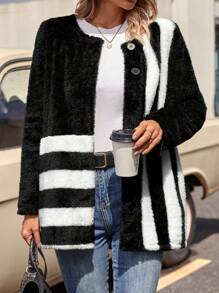 SHEIN LUNE 女用條紋拼色毛絨大衣 - 黑與白 - 查看 1
