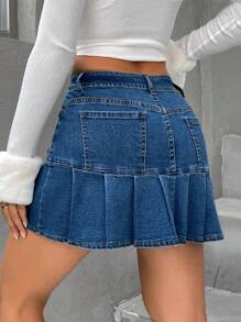 Pleated Hem Denim Skirt - Blue - View 2