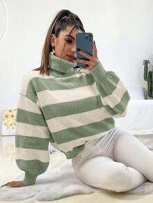 SHEIN Unity 高领条纹撞色针织套头衫秋冬毛衣 - 彩色 - 查看 6