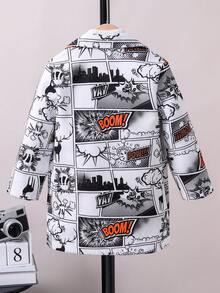 SHEIN Young Boy Comics Print Lapel Neck Overcoat Without Sweater - Black and White - View 2