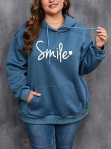 SHEIN LUNE Plus Size Letter Graphic Pocket Drop Shoulder Drawstring Sweatshirt Fall Cloth For Women Winter Autumn - Dusty Blue - View 5