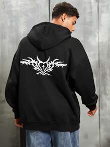 Manfinity Roghcode 男款休閒寬鬆帽衫,束繩和印花設計,肩膀下垂的風格 - 黑色 - 查看 6