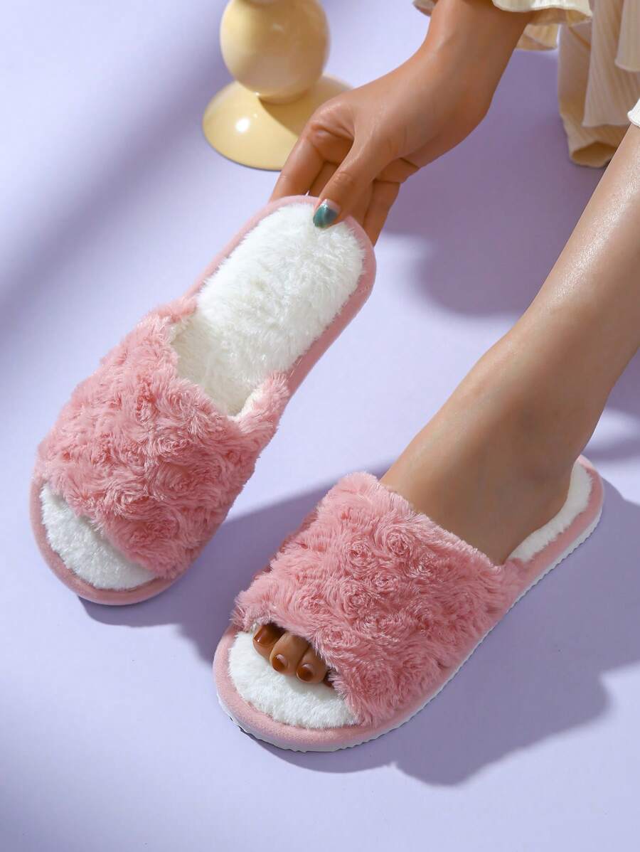 純色兔毛仿花紋壓花軟底女式毛絨拖鞋,家中使用 - 紫紅色 - 查看 1