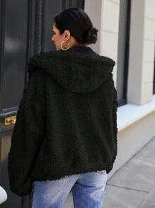 RueChic 女士純色毛絨帽兜夾克 - 黑色 - 查看 2