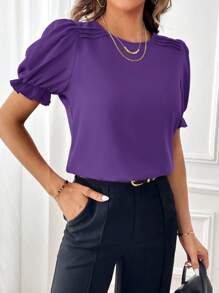 SHEIN Essnce Solid Puff Sleeve Blouse,Short Sleeve Tops - Violet Purple - View 6