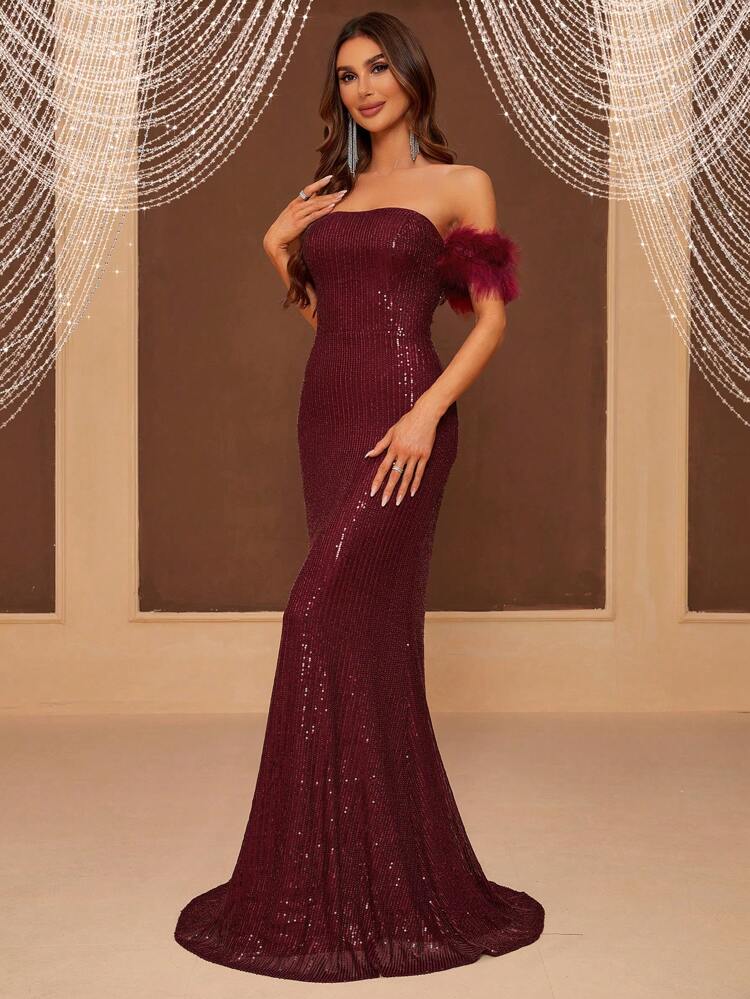 Off Shoulder Feather & Sequin Patchwork Women's Evening Party Dress