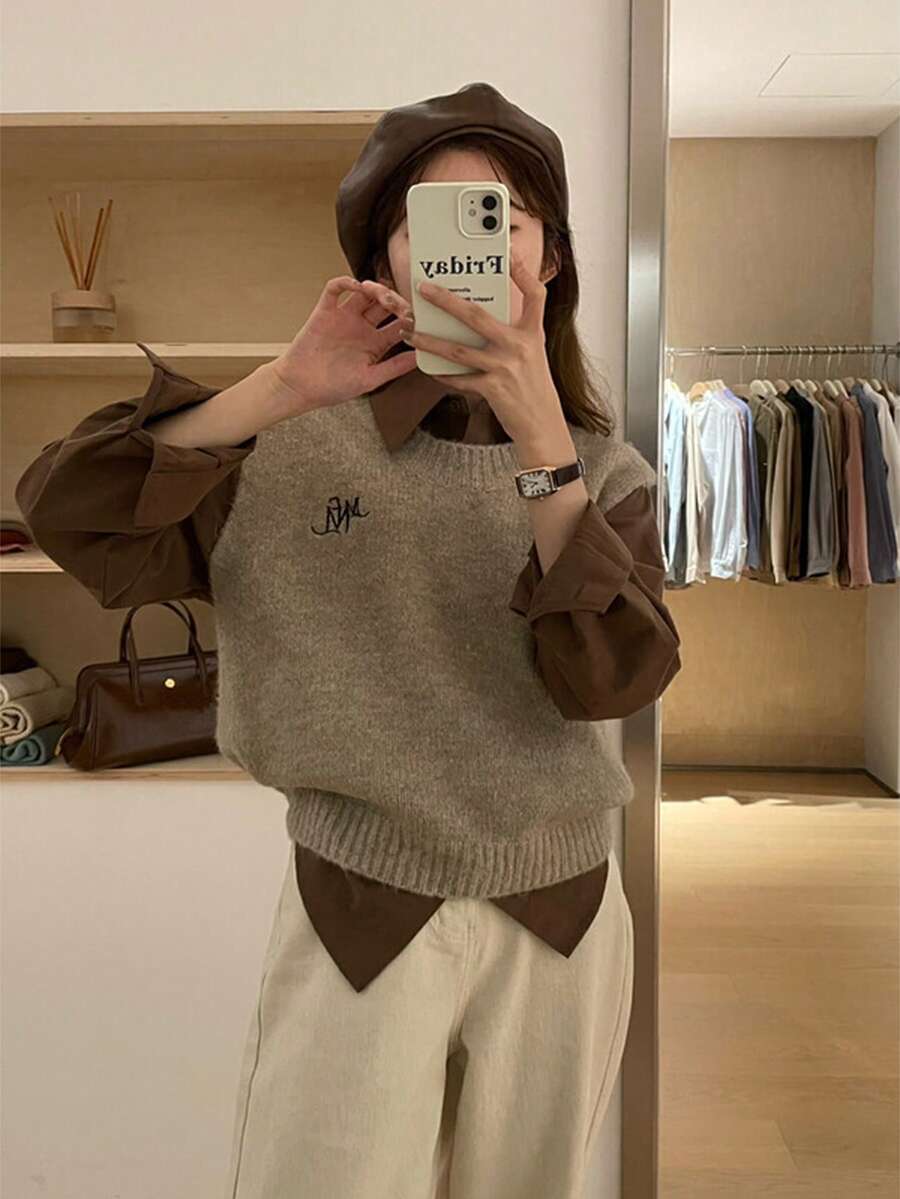 V-neck Women Knit Vest - Khaki - View 1