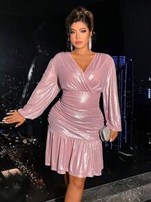 Cravure Plus Surplice Neck Ruched Ruffle Hem Metallic Dress - Baby Pink - View 3