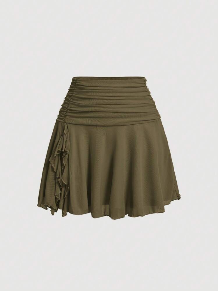 SHEIN MOD Falda Verde De Verano Solidada Con Pliegues Y Frunces - Verde militar - Ver 1