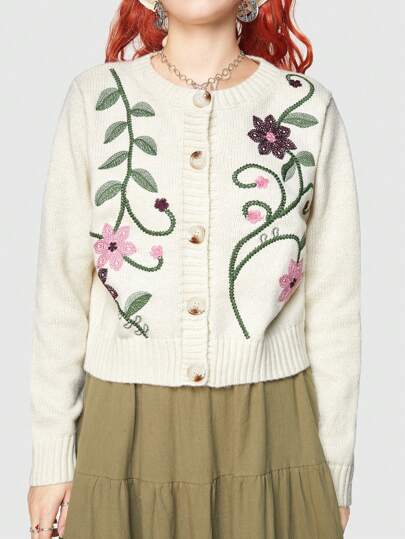 Fairycore Cardigan Boutonné Sur Le Devant Avec Broderie De Fleurs