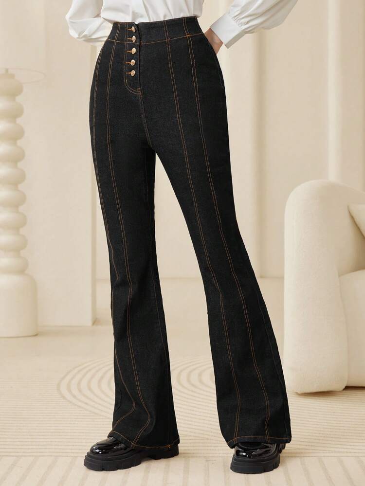High Waist Tight-fit Elastic Black Comfortable Ladylike Versatile Button-front Flared Long Denim Pants