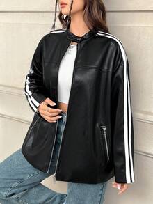 SHEIN EZwear Side Stripe Leather Jacket - Black - View 4