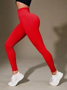 Easithlete 无缝宽腰运动紧身裤，适合中国新年瑜伽女士裤子 - 紅色 - 查看 5