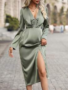 SHEIN Clasi Women's Deep V-neck Pleated Woven Dress - Green - View 1