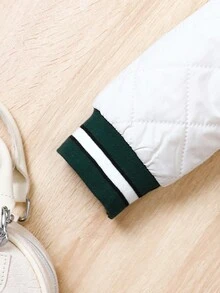 SHEIN Cô gái Tween Đơn giản Kim cương Chần Áo khoác Và Quần chân thẳng Bộ - màu xanh lá - Xem 4