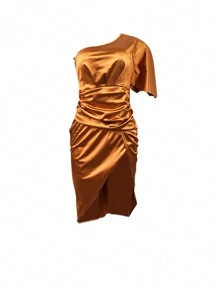 One Shoulder Slit Midi Dress - Brown - View 4