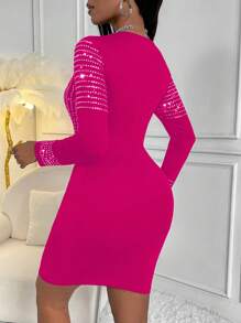 SHEIN Clasi Rhinestone Detail Bodycon Dress Without Belt - Hot Pink - View 2