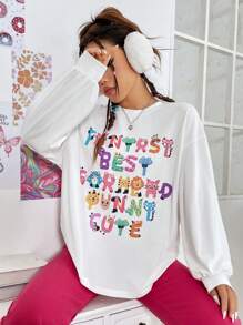 SHEIN EZwear Damen-t-shirt Mit Cartoon-buchstaben-print - Weiss - Übersicht 4