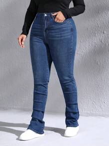 SHEIN LUNE Plus High Waist Solid Jeans - Dark Wash - View 4