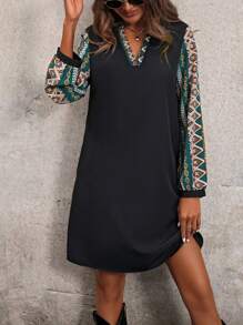 SHEIN Clasi Vestido Con Mangas De Linterna Y Cuello Con Muesca Con Diseño Geométrico - Verde Oscuro - Ver 5