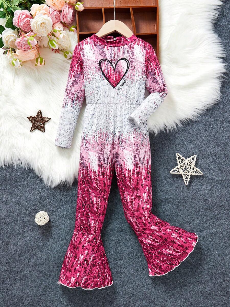 SHEIN Nhỏ bé Cô gái Đơn giản Thành thị Phong cách Love Tim In Long lanh Bùng nổ Áo liền quần - Màu Hồng Tươi - Xem 1