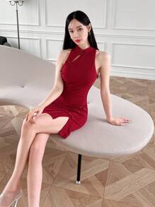 EastFlair Nuevo Vestido De Fiesta De Estilo Chino Con Cuello Qipao, Diseño Sin Mangas Y Ajustado Al Cuerpo, Tela De Brocado Exquisita Y Seda Brillante, Hebilla Decorativa