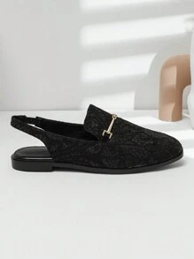 Black Lace Fashionable Women's Shoes With Square Toe And Metal Buckle For Slimming Look
