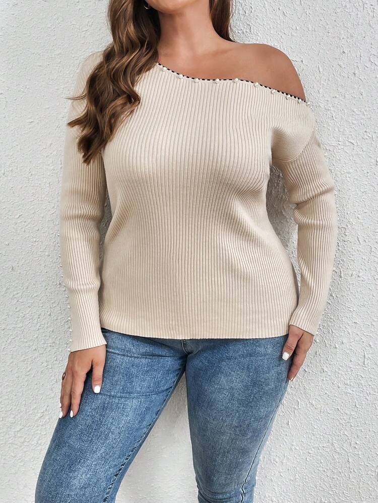 Plus Size Women's Asymmetrical Neck Faux Pearl Detail Sweater Pullover