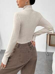 SHEIN EZwear 凸凹羅紋立領長袖t卹 - 米色 - 查看 2