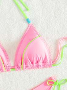 带边缘细节的彩色比基尼泳装套装，适合夏季海滩度假 - 粉色 - 查看 6