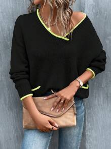 SHEIN LUNE Thả vai Áo len Với Khối màu Và Edging - màu đen - Xem 1