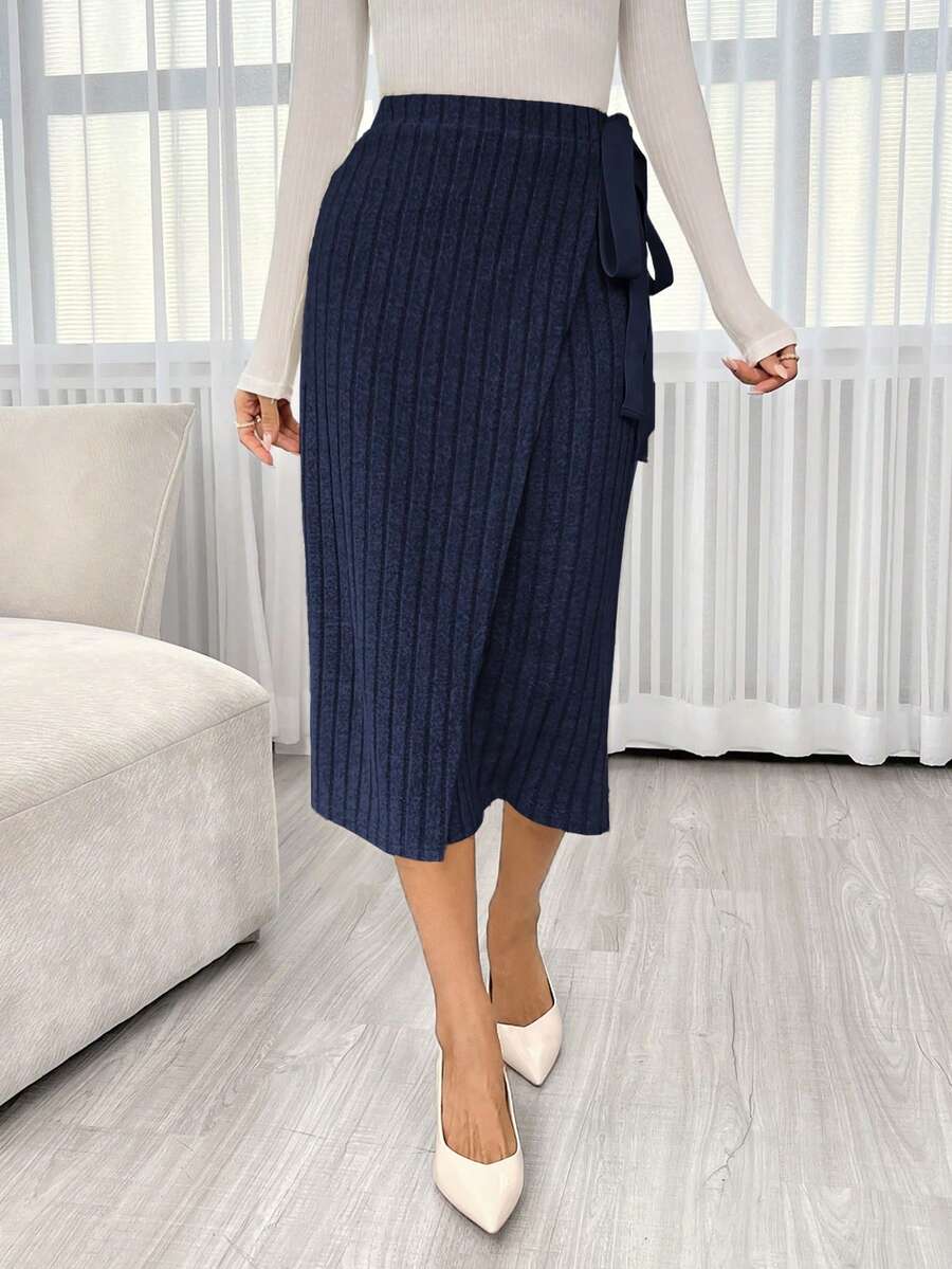 SHEIN Essnce Của phụ nữ Màu thuần Đồ đan Ribbed Váy - Xanh đậm - Xem 1