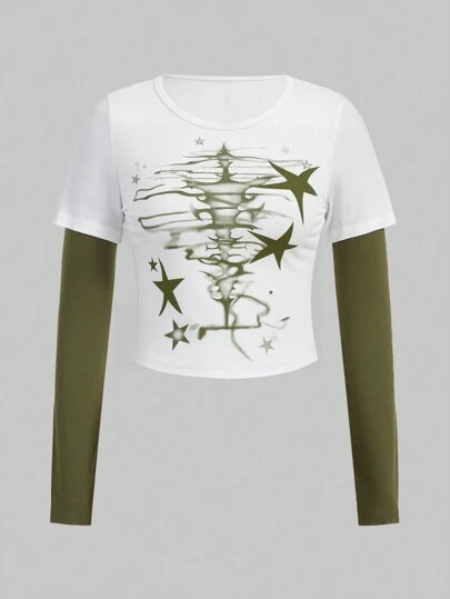 ROMWE Fairycore 星星印花2合1 T 恤